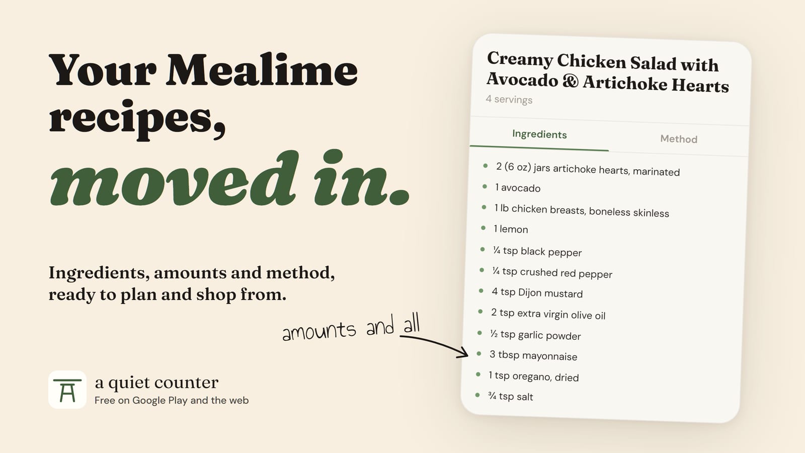 Your Mealime recipes, moved in. A Mealime recipe shown in a quiet counter with an amount on every ingredient