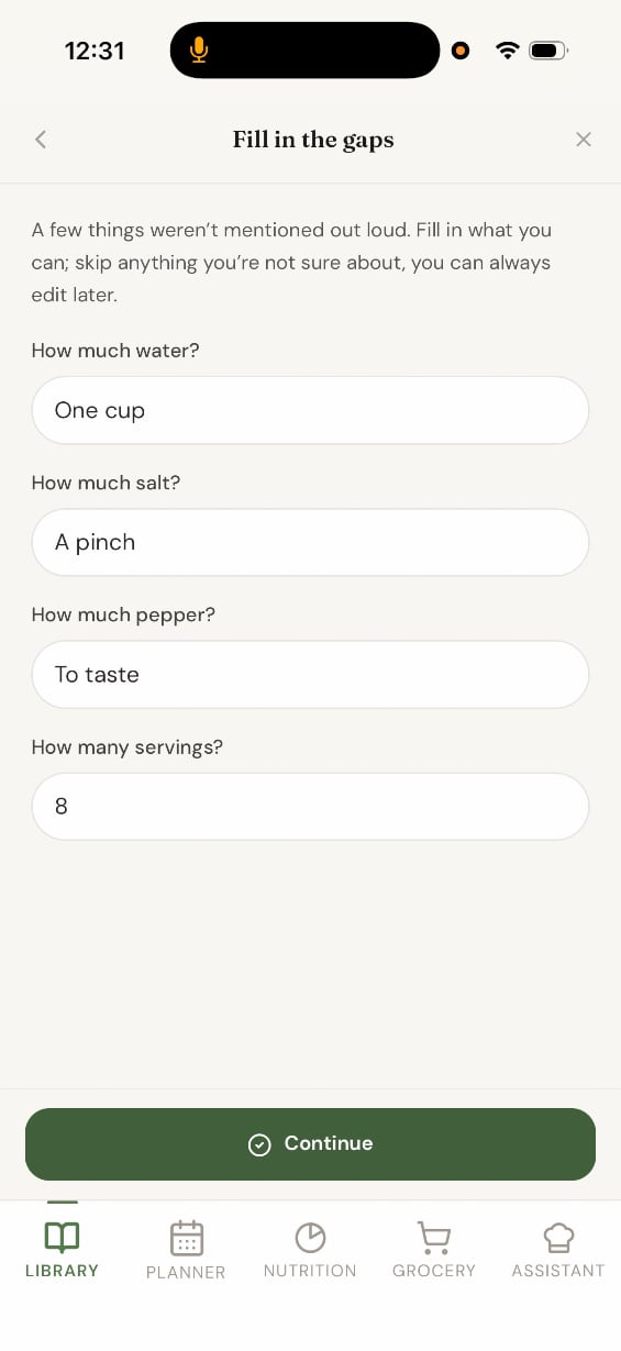 The gap-fill questions after a voice import, with the answers One cup, A pinch, To taste, and 8