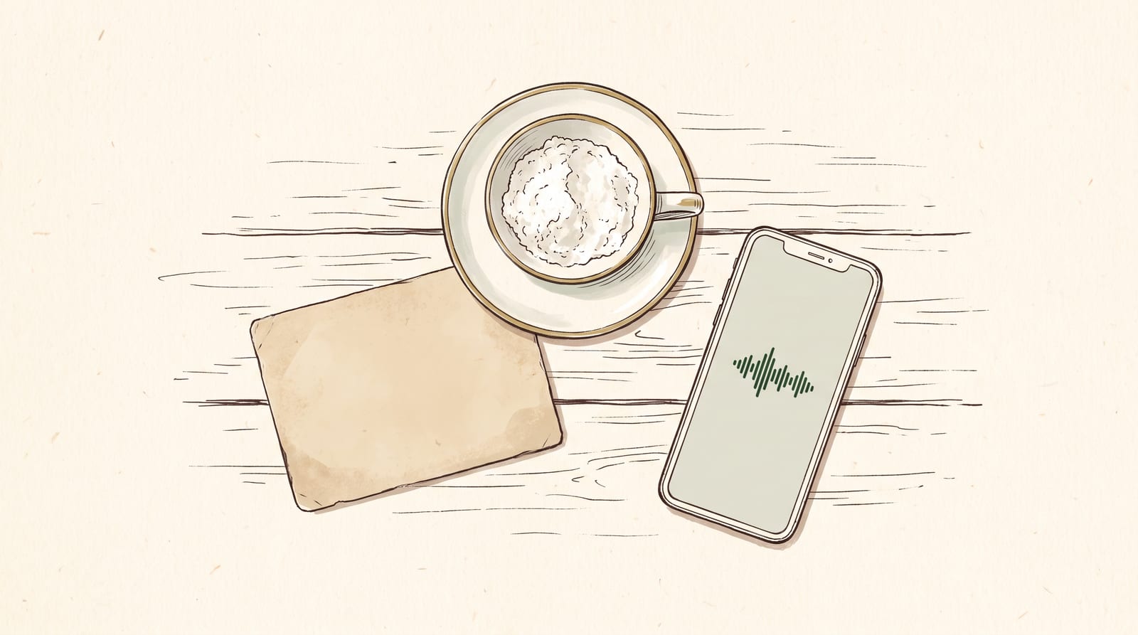 An illustration of a teacup half full of flour, a blank recipe card and a phone showing a sound waveform, laid out on a kitchen bench