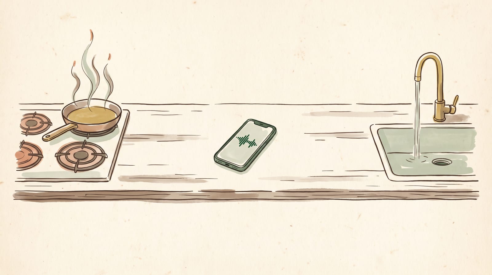 An illustration of a kitchen bench: a steaming pan on the hob at one end, a running tap at the other, and the phone lying in the clear space between them