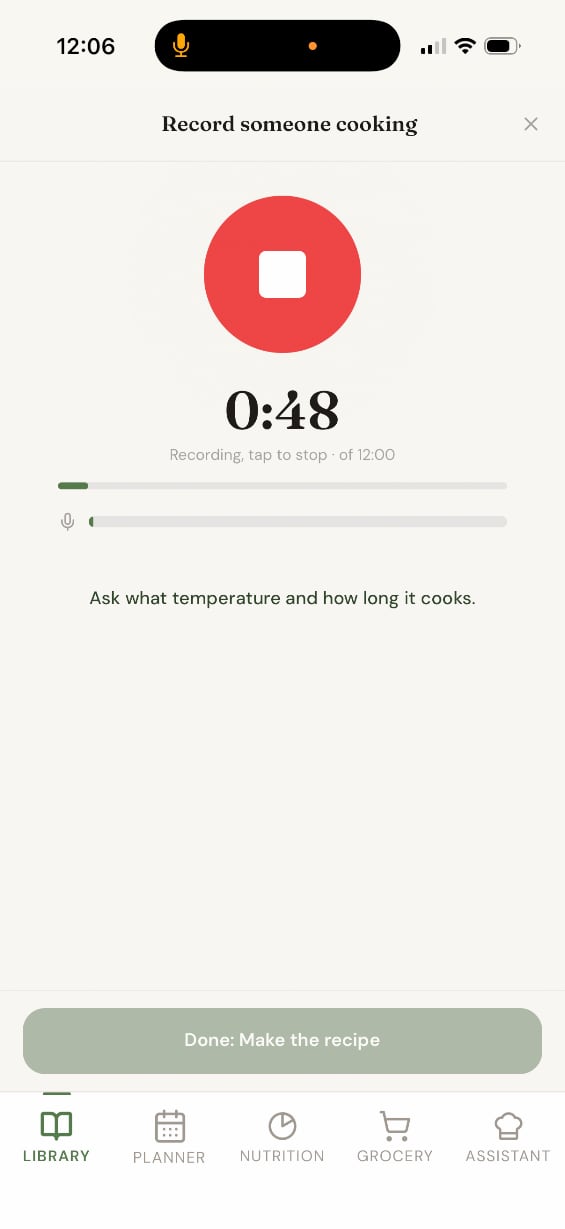 The recording screen in a quiet counter, showing elapsed time and one of the rotating coaching prompts