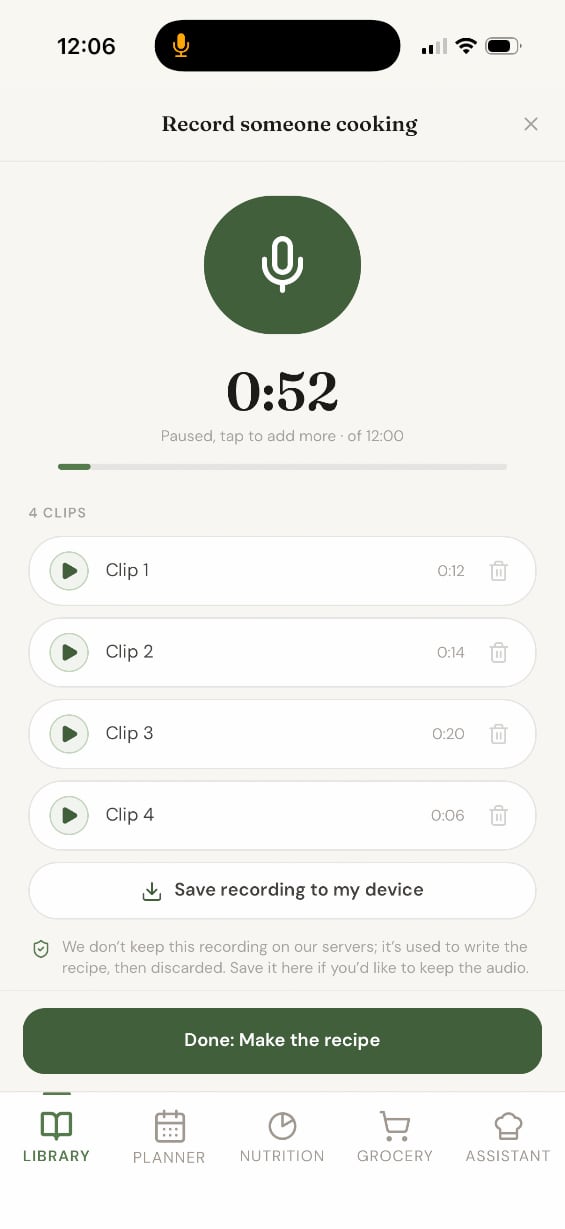 The save-to-device button on the recording screen, below the list of recorded clips