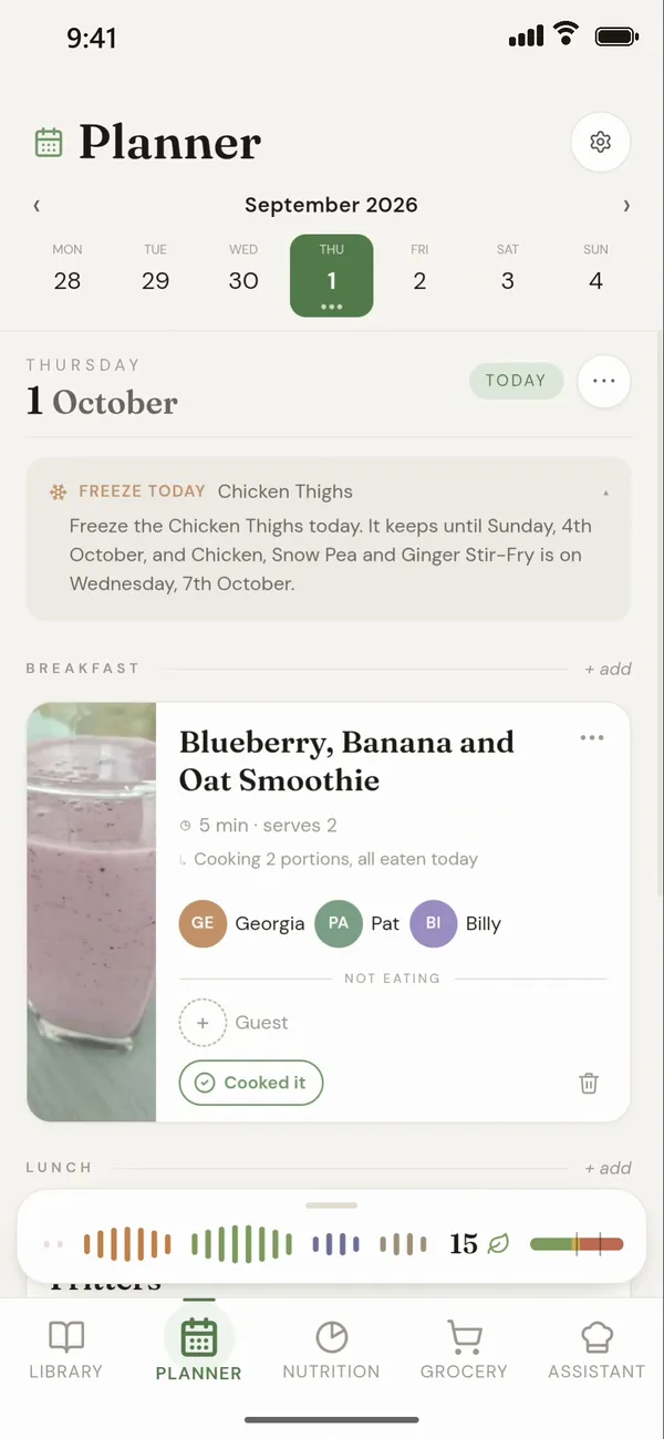 A freeze-today card in the planner for Chicken Thighs