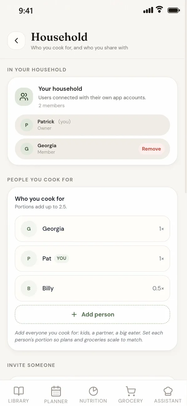 Household settings: Georgia, Pat and Billy, with Billy at half a portion