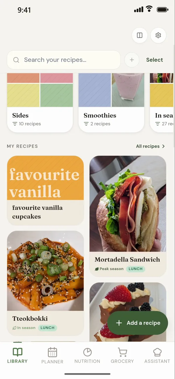 Our Library: chapters for Sides and Smoothies, and recipe cards with photos