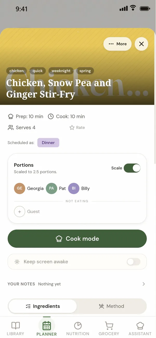 A recipe page with portions scaled to 2.5 for Georgia, Pat and Billy